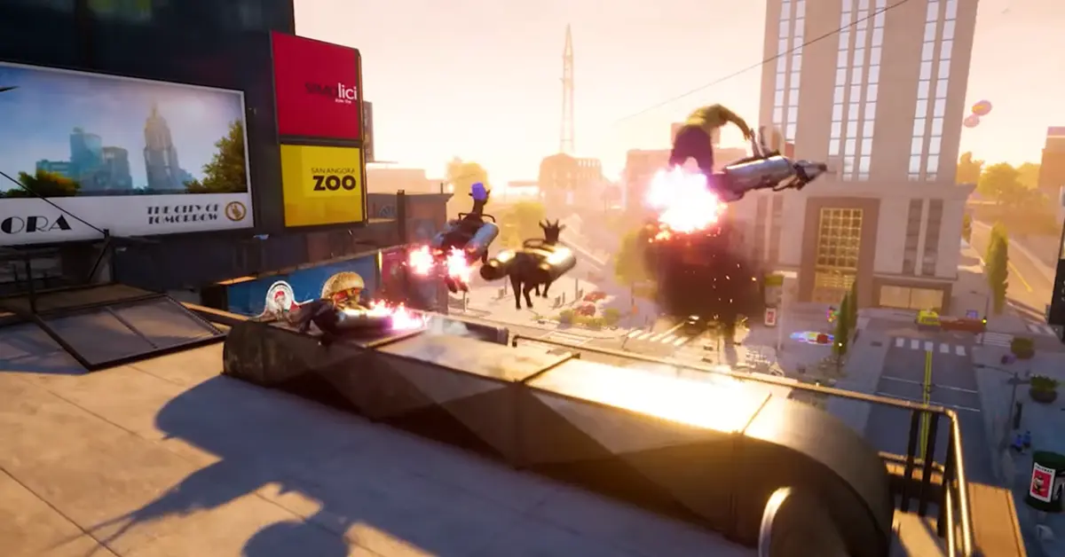 Tre capre super personalizzate che volano in cielo con dei jetpack in Goat Simulator 3