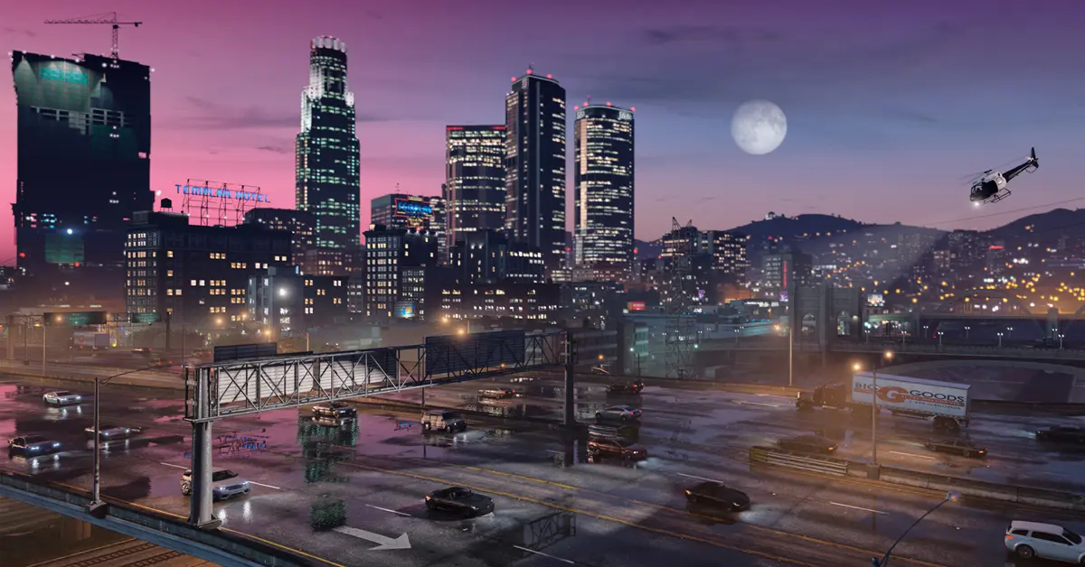 Screenshot di gioco su PC di GTA V Enhanced Edition che mostra i riflessi ray-tracing per le strade di Los Santos