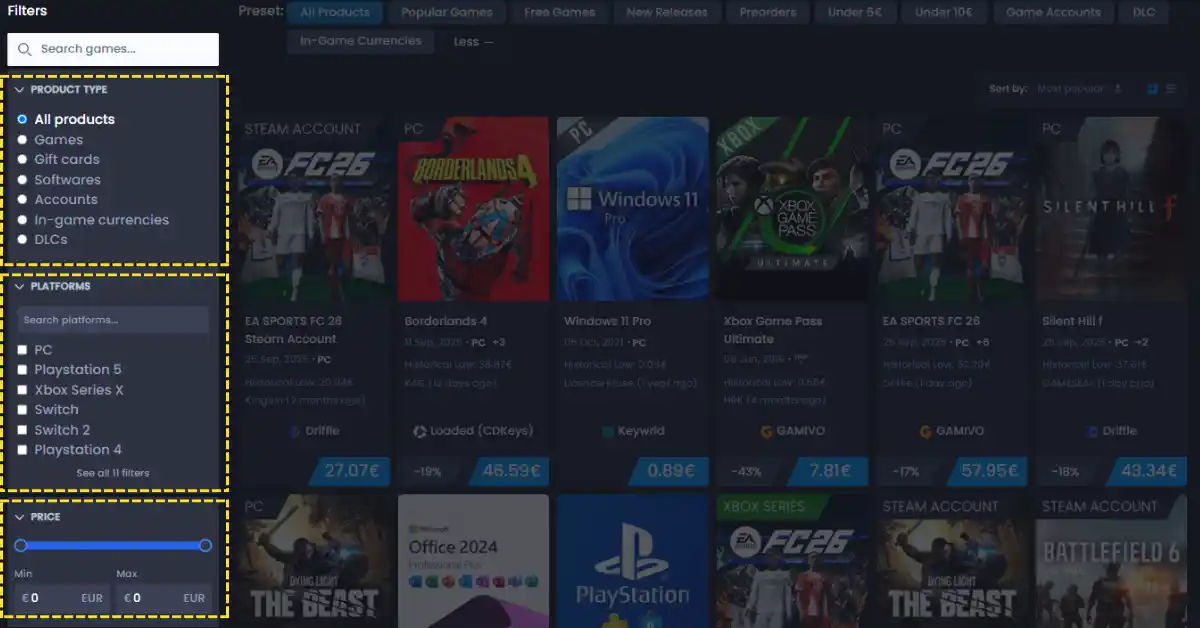 Filtri del catalogo Cdkeyit - Barra laterale