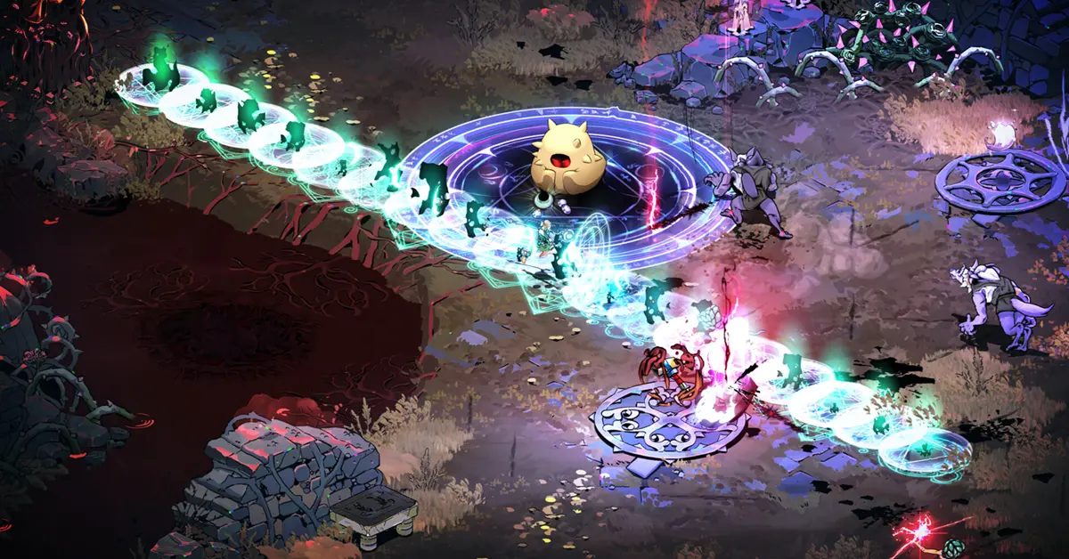 Melinoe che combatte i nemici in un dungeon degli inferi vibrante e isometrico in Hades II.