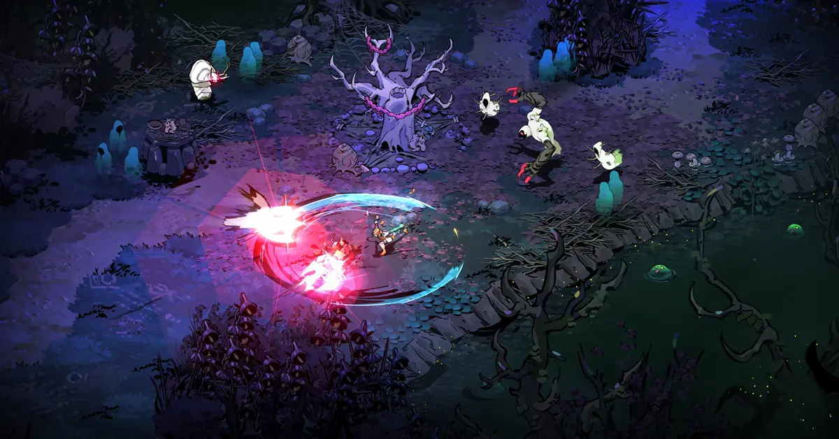 Melinoë impugna il suo bastone e la sua falce nella versione console di Hades II.