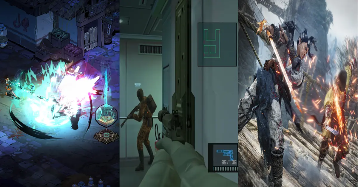 Uno schermo diviso in tre che mostra sessioni di gioco di Hades II, Metal Gear Solid Master Collection Vol 1 e Wo Long: Fallen Dynasty su PC.