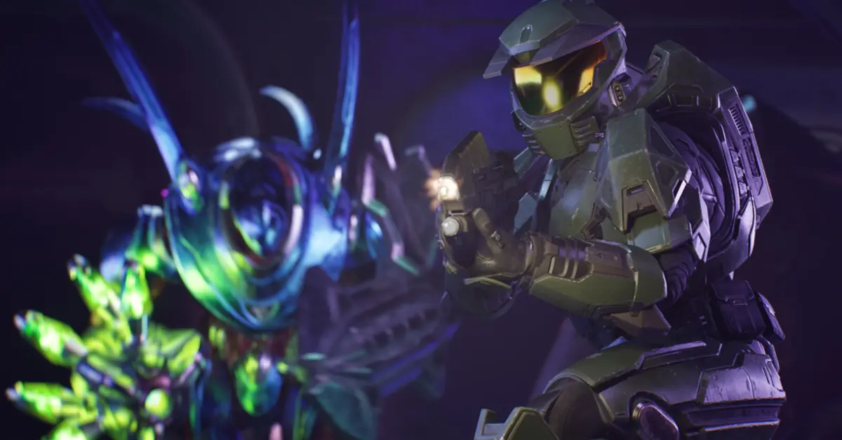 Master Chief in piedi in un ambiente Unreal Engine 5 per Halo Campaign Evolved su PC e console