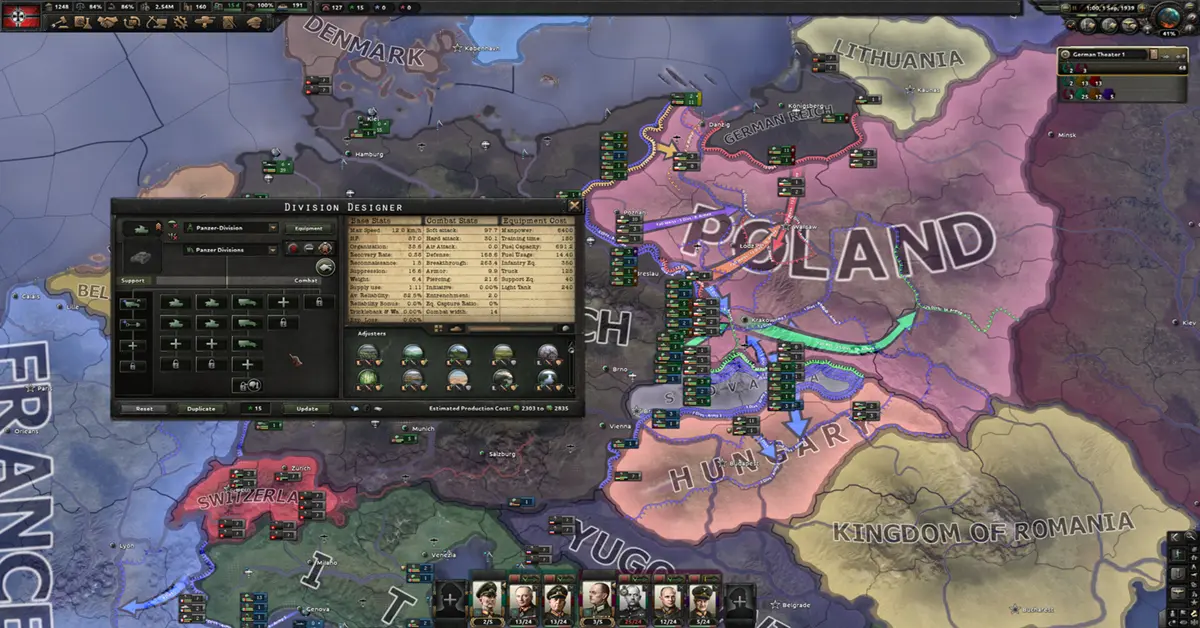 Una vista dettagliata della mappa strategica di Hearts of Iron IV che mostra i confini europei e gli schieramenti delle truppe