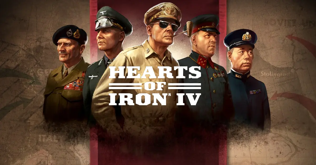 Immagine principale di Hearts of Iron IV con generali della Seconda Guerra Mondiale ed elementi della mappa strategica