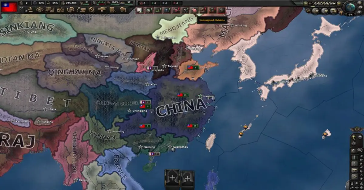 Vista tattica della mappa del Teatro del Pacifico in Hearts of Iron IV No Compromise No Surrender