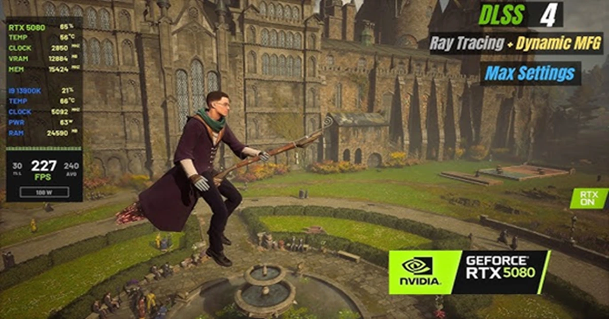 Hogwarts Legacy in esecuzione su PC con DLSS4 e ray-tracing avanzato attivati.