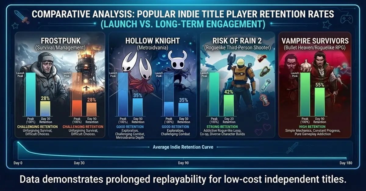 Infografica che confronta i tassi di fidelizzazione dei giocatori tra i popolari titoli indie
