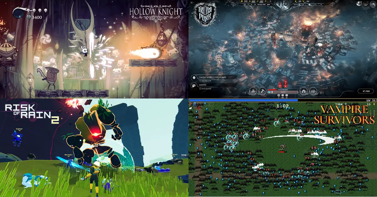 Quattro pannelli divisi che mostrano artwork di gioco distinti di Frostpunk, Hollow Knight, Risk of Rain 2 e Vampire Survivors