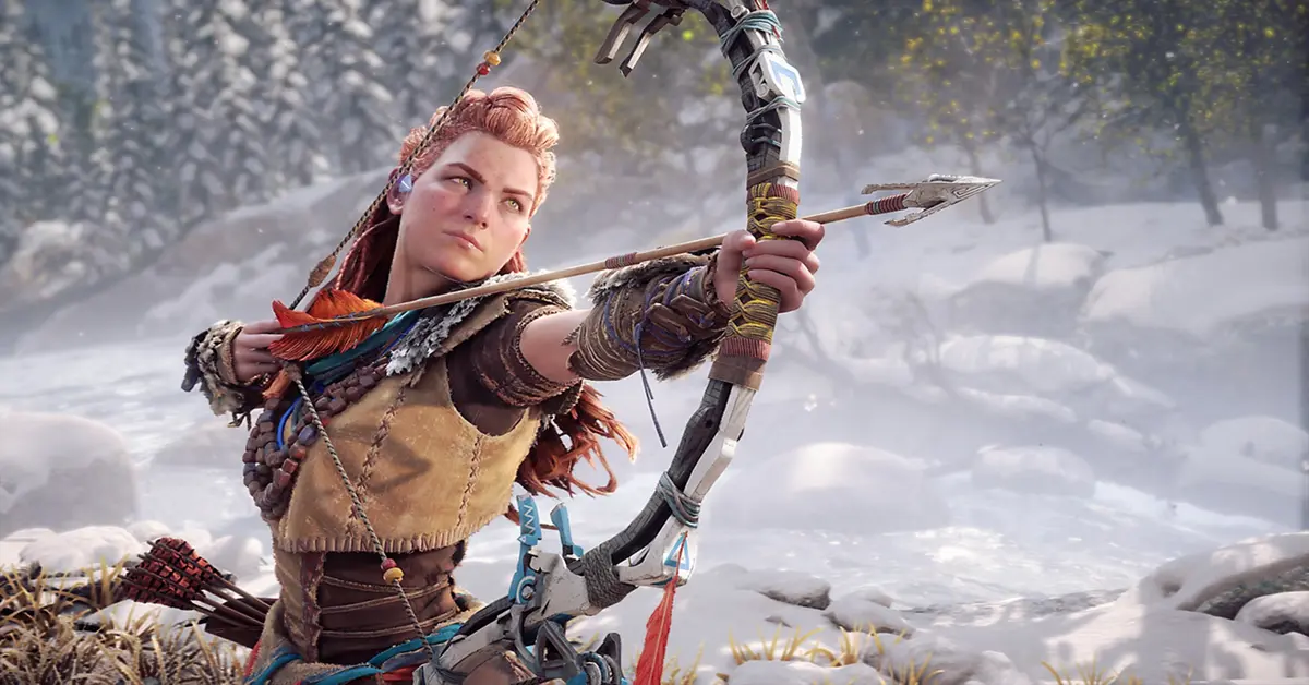 Screenshot di gioco ad alta risoluzione di Horizon Forbidden West in esecuzione su PC con impostazioni ultra che mostra Aloy mentre mira con il suo arco