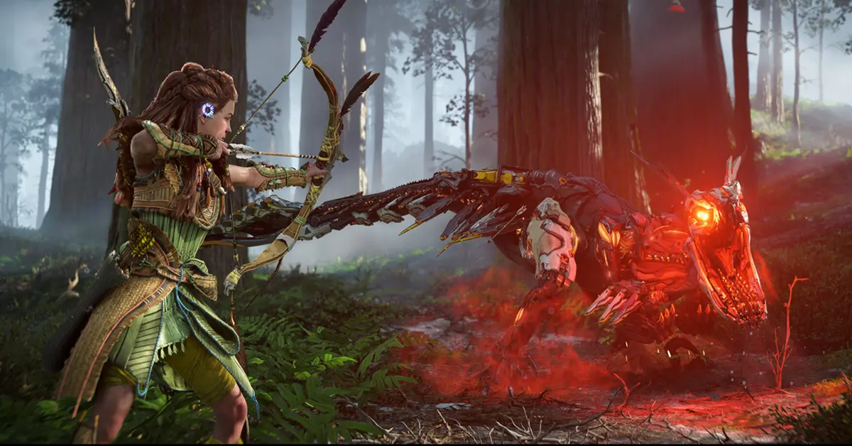 Aloy che tende il suo arco contro una grande creatura meccanica in un vibrante ambiente di giungla in Horizon Forbidden West.