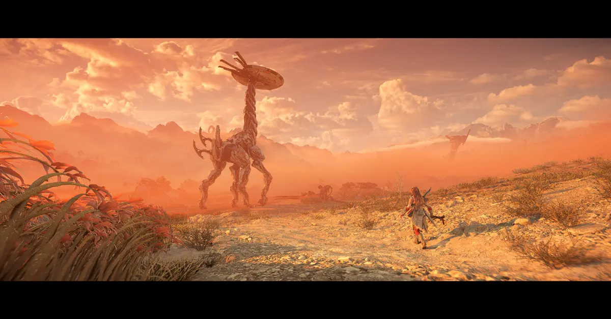 Screenshot di gioco di Aloy che esplora un paesaggio meccanico in rovina in Horizon Forbidden West su PC.