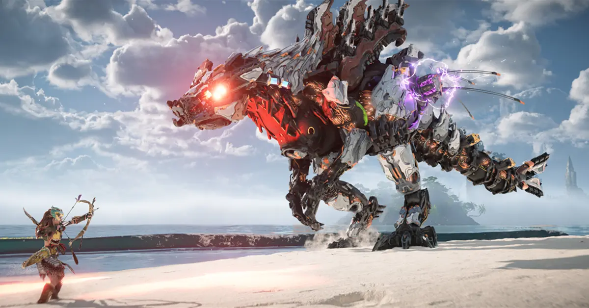 Aloy combatte contro una macchina meccanica in Horizon Forbidden West PC