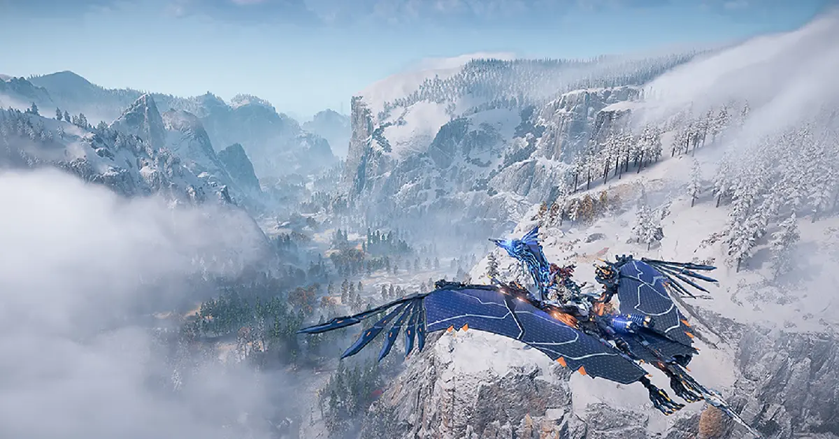 Aloy osserva un vasto paesaggio meccanico in Horizon Forbidden West per PC