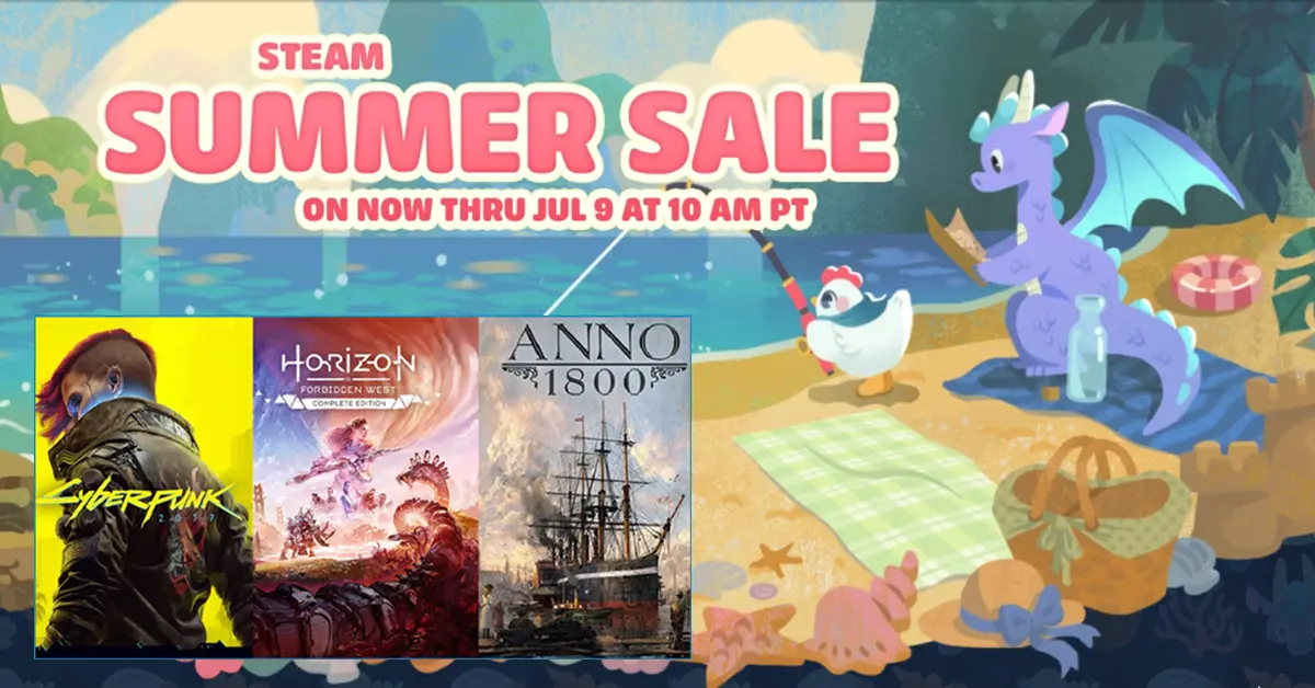 Grafica degli sconti sui bundle dei Saldi Estivi di Steam con Cyberpunk 2077, Horizon Forbidden West e Anno 1800