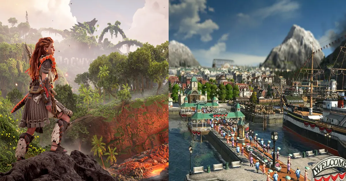 Immagine divisa che mostra i lussureggianti e incontaminati ambienti di Horizon Forbidden West sulla sinistra e una densa città vittoriana industrializzata di Anno 1800 sulla destra.