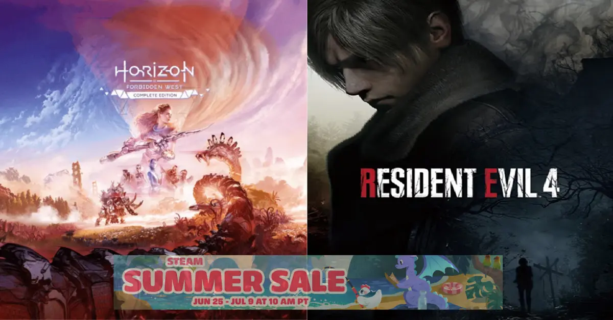 Uno schermo diviso che mostra la conclusione del logo dei Saldi Estivi di Steam insieme alle copertine dei giochi per PC Resident Evil 4 e Horizon Forbidden West.