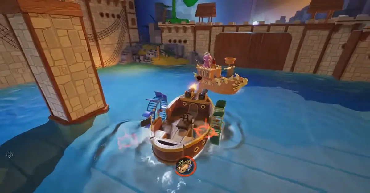 Cody e May che affrontano un boss gigante su una nave pirata di legno in It Takes Two