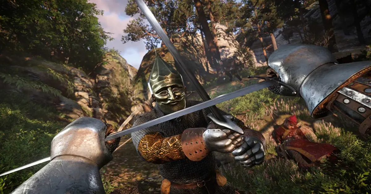 Una visuale in prima persona di un duello con spada lunga medievale in una radura della foresta in Kingdom Come: Deliverance.