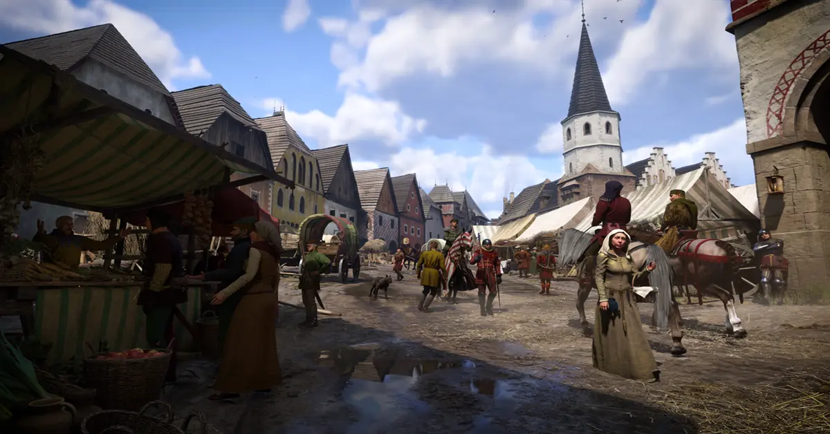 Uno sguardo dettagliato ai vivaci mercati cittadini medievali e agli NPC autentici in Kingdom Come Deliverance 2