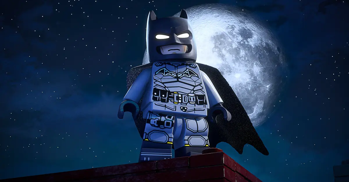 LEGO Batman in piedi in una dettagliata Gotham City bagnata dalla pioggia costruita su Unreal Engine 5