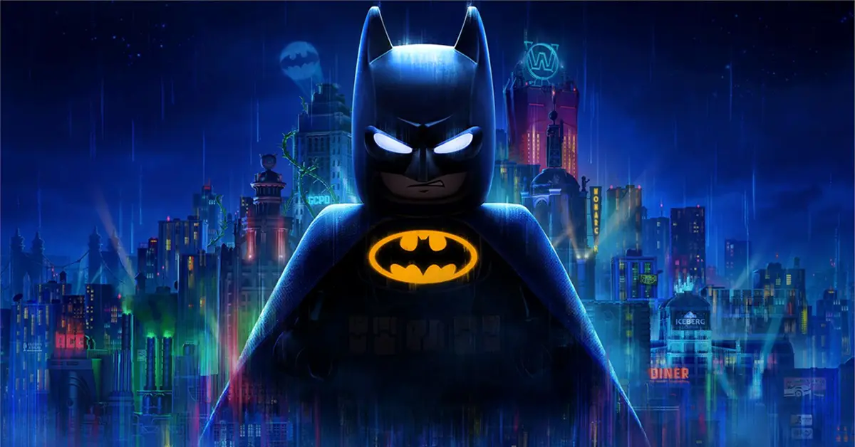 Illustrazione di copertina di LEGO Batman Legacy of the Dark Knight che mostra Batman mentre osserva Gotham City