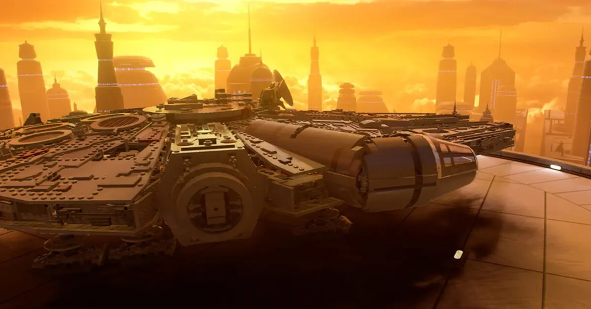 Il Millennium Falcon in volo verso un vivace hub planetario in LEGO Star Wars