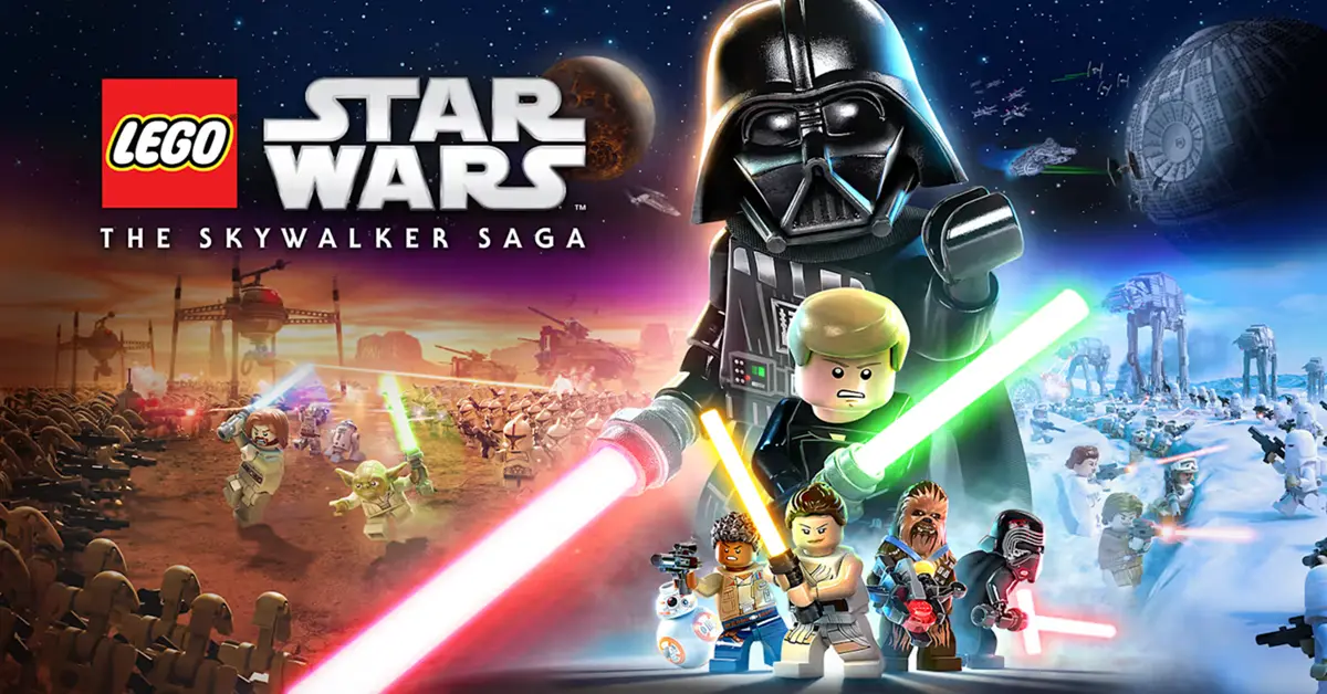 LEGO Luke Skywalker che accende la sua spada laser blu con un paesaggio desertico sullo sfondo