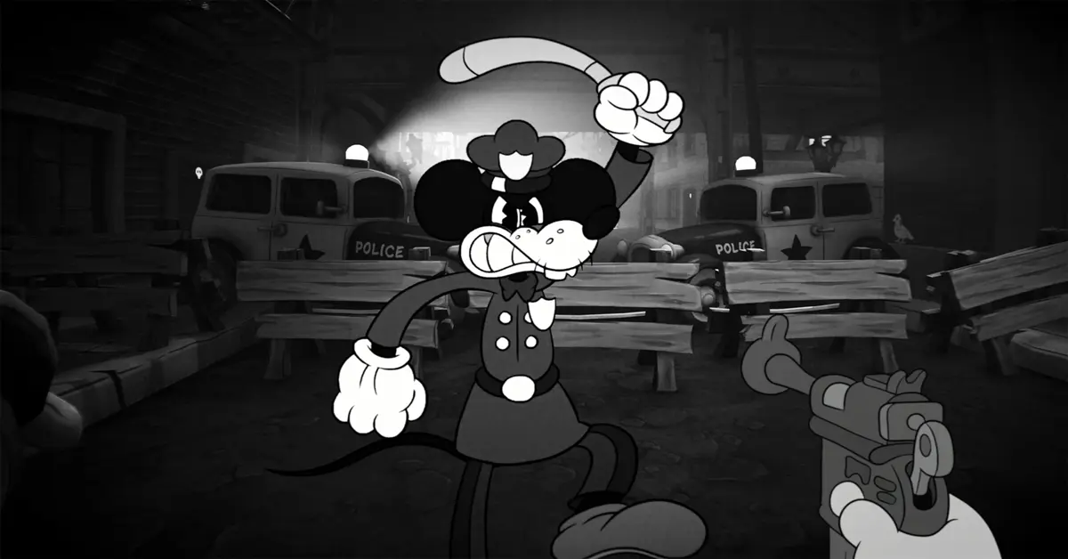 Prospettiva in prima persona in MOUSE: P.I. For Hire mentre si punta un mitra Thompson contro topi gangster animati.