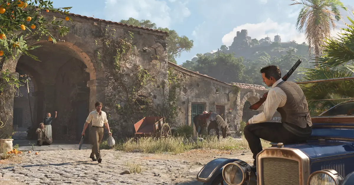 Tommy Angelo e Vito Scaletta della trilogia di Mafia accanto a un paesaggio siciliano del Novecento tratto da The Old Country