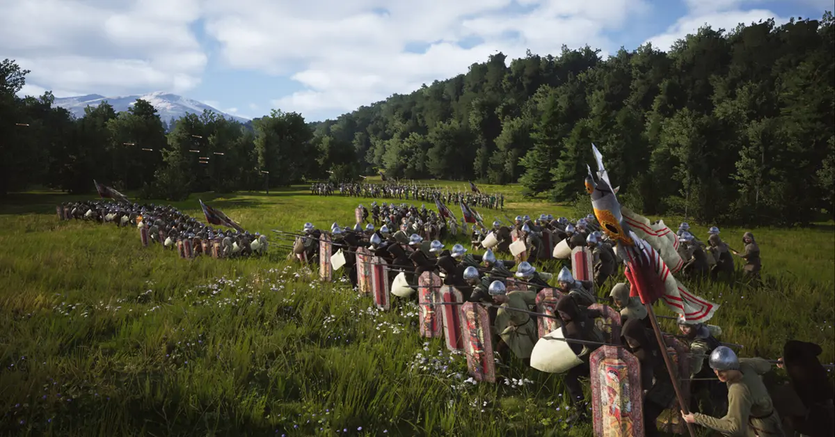 Una formazione di lancieri medievali impegnati in un combattimento tattico in Manor Lords su PC.