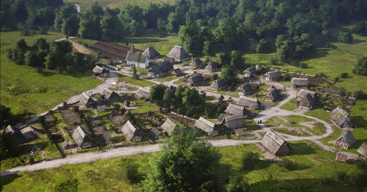 Un vasto villaggio medievale costruito in Manor Lords su PC Windows, caratterizzato da strade sterrate, strutture in legno e contadini al lavoro.