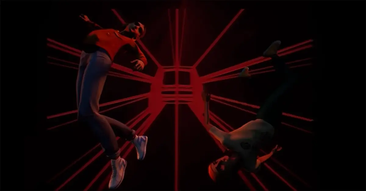 Una scena di gioco stilizzata che mostra i personaggi fluttuare attraverso un corridoio di liceo astratto e illuminato al neon.