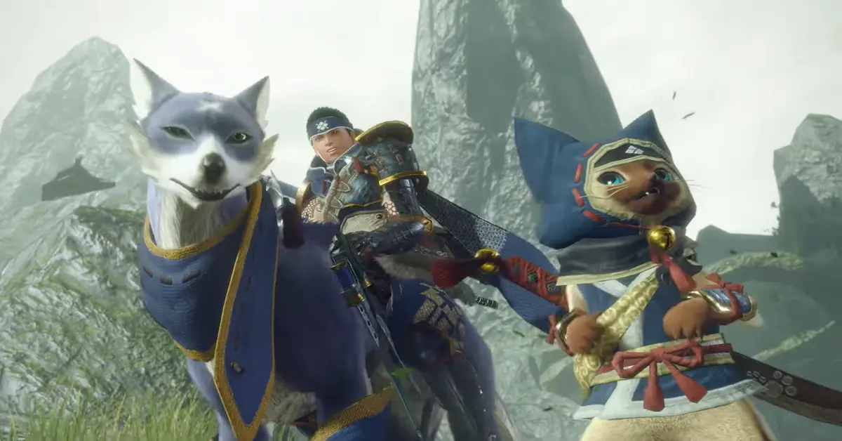 Due cacciatori cavalcano dei Canyne accanto a un compagno Felyne in Monster Hunter Rise.