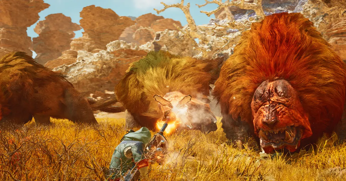 Cacciatore che affronta una bestia imponente in un ecosistema a clima dinamico in Monster Hunter Wilds