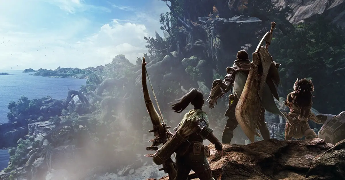 Un vasto paesaggio della Foresta Antica in Monster Hunter World con fogliame lussureggiante e scogliere imponenti.
