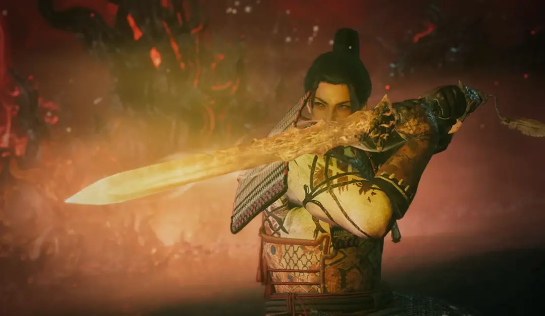 Un feroce samurai in Nioh 3 incrocia le spade con un demone sotto un cielo rosso sangue