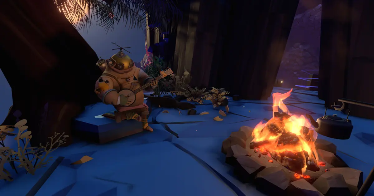 Un personaggio del giocatore in piedi sulla superficie sgretolata di un pianeta in Outer Wilds.