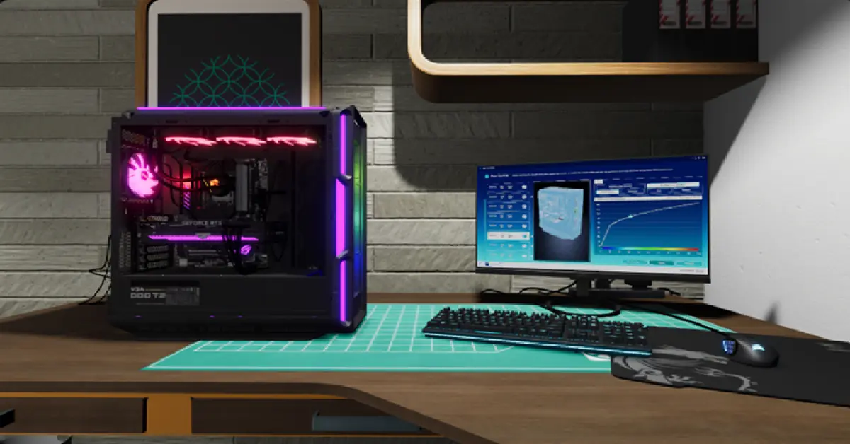 PC da gaming assemblato su misura con illuminazione RGB accesa su PC Building Simulator 2