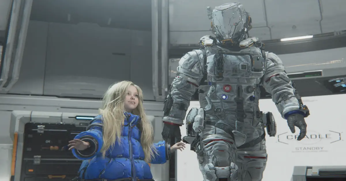 Hugh e Diana sulla superficie lunare in PRAGMATA di Capcom.