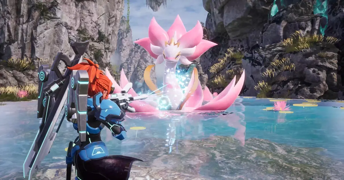 Due giocatori di Palworld impegnati in una battaglia in arena PvP con Pal di alto livello