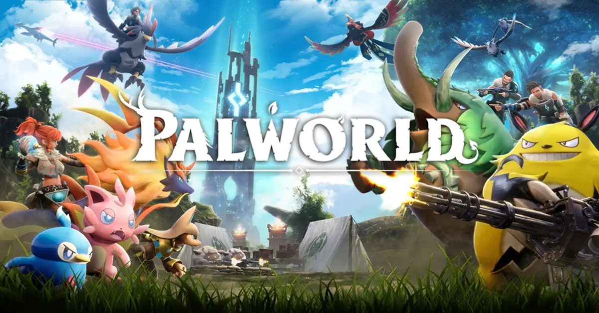 Giocatore di Palworld in piedi con i Pal in un paesaggio open world
