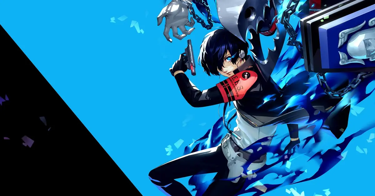 Protagonista di Persona 3 Reload con il suo Evoker su uno sfondo blu stilizzato.