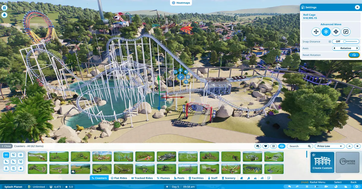 Interfaccia dettagliata di gestione del parco di Planet Coaster 2 o costruzione di un parco acquatico