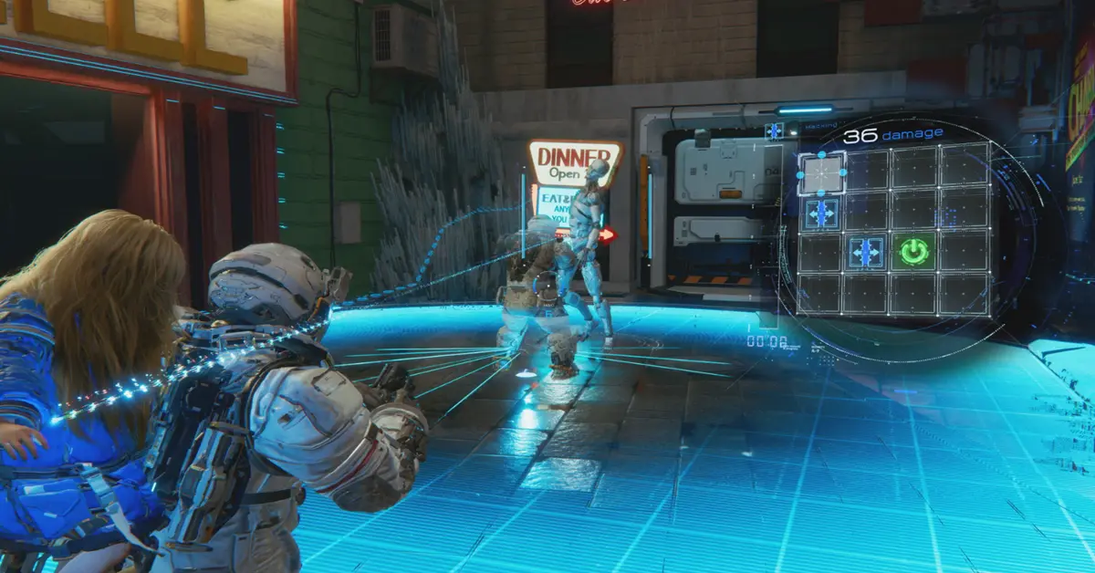 Screenshot di gameplay di Pragmata che mostra il combattimento contro nemici robotici in un ambiente lunare distorto.