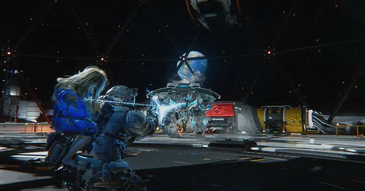 Gameplay di PRAGMATA che mostra Hugh e Diana in un ambiente lunare futuristico.