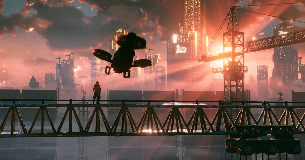 Il protagonista di REPLACED, R.E.A.C.H., osserva una città distopica in pixel-art durante la notte.