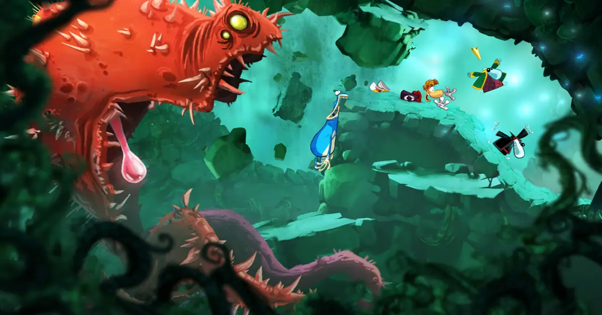 Quattro giocatori controllano Rayman, Globox e due Teens in una sequenza platform cooperativa.