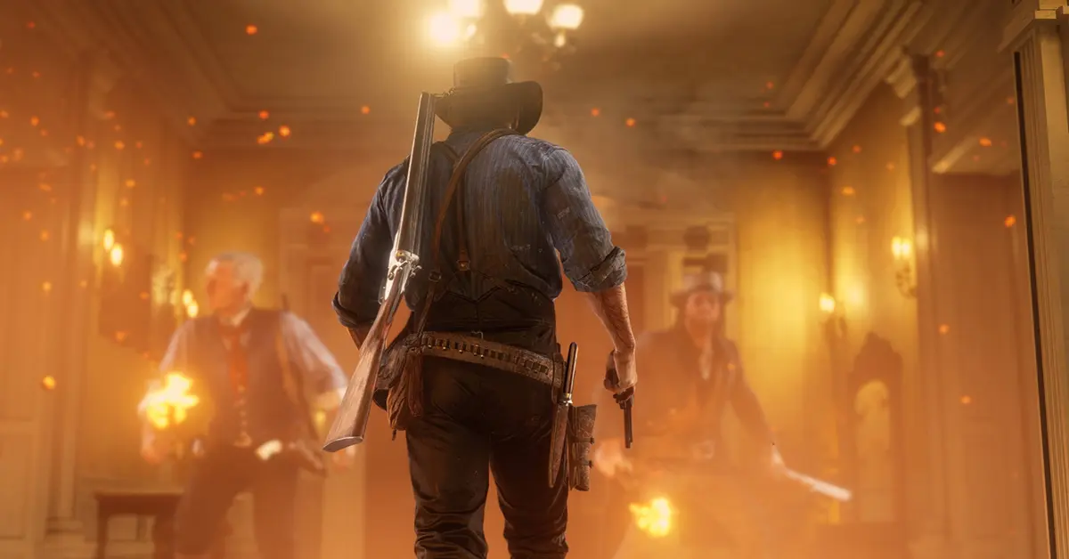Arthur Morgan impugna un revolver durante un momento di tensione in Red Dead Redemption 2