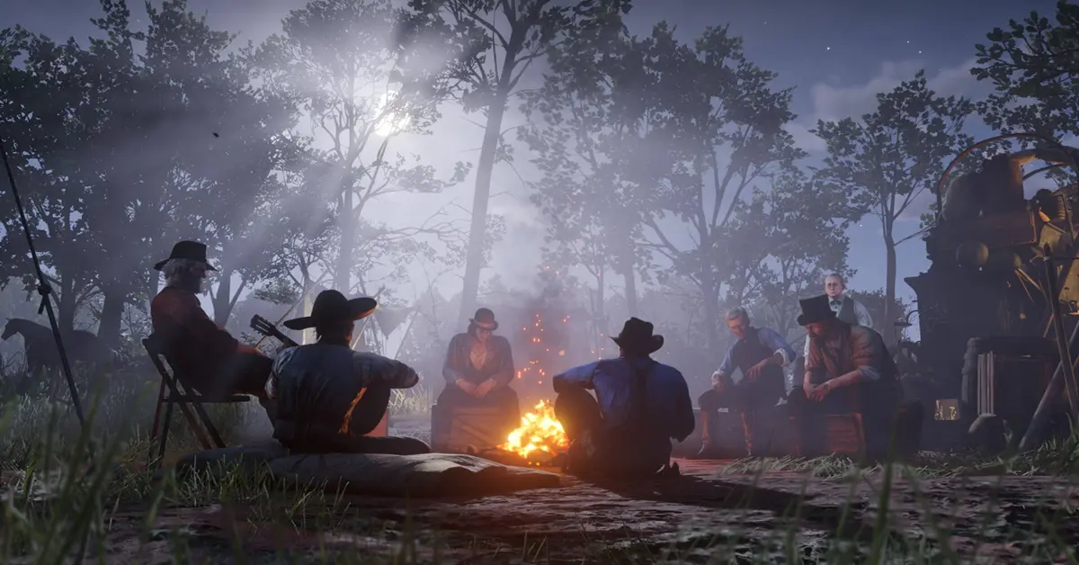 Interazione dettagliata nel campo in Red Dead Redemption 2.